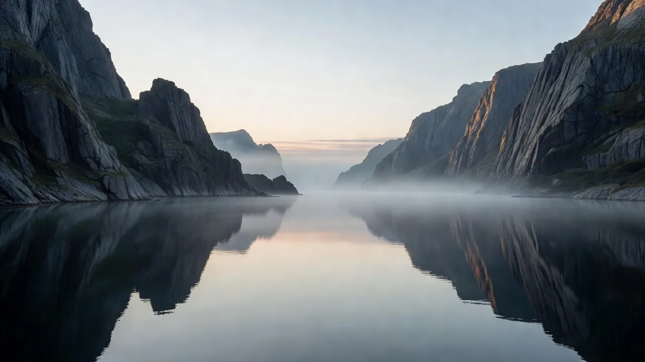 夜明けの霧に包まれたフィヨルドの風景