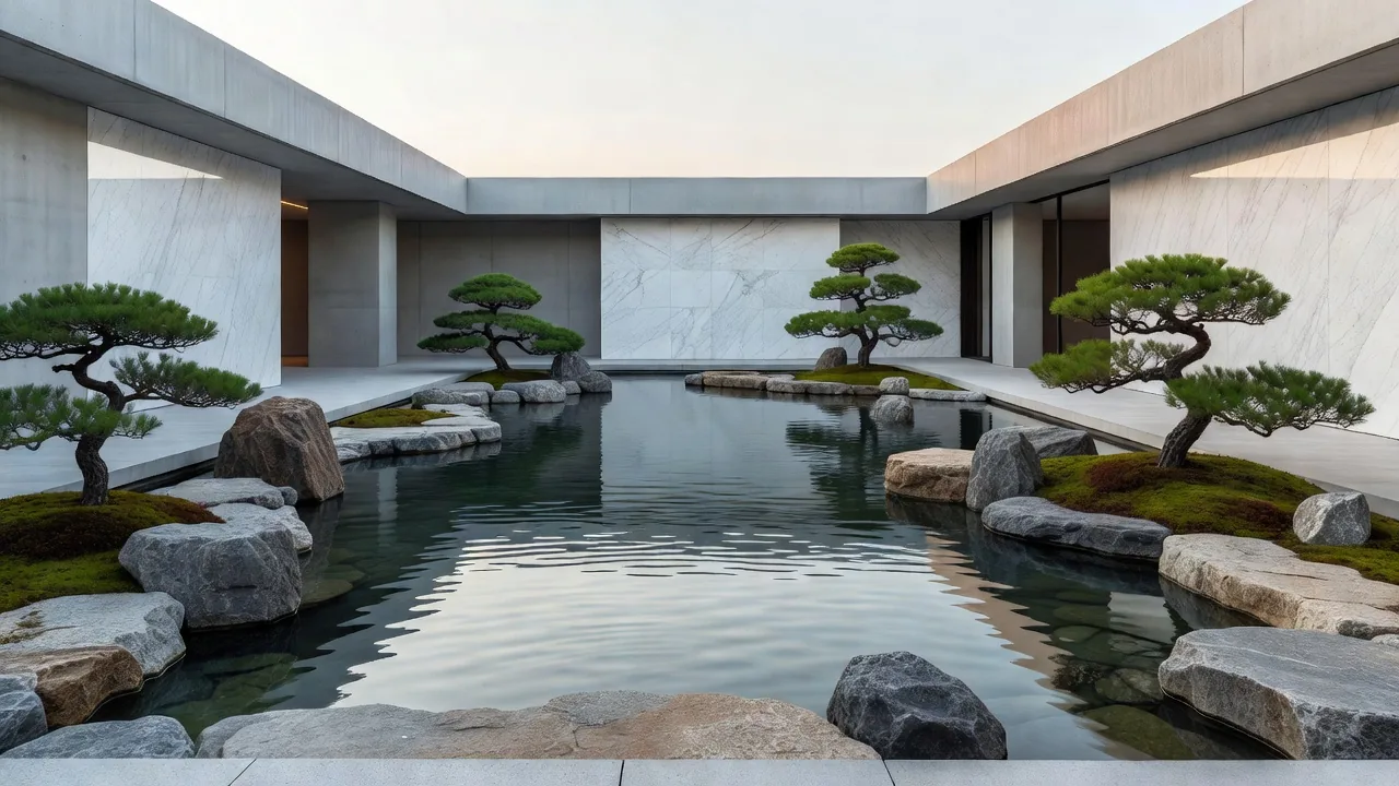 石と水が調和する中庭の風景